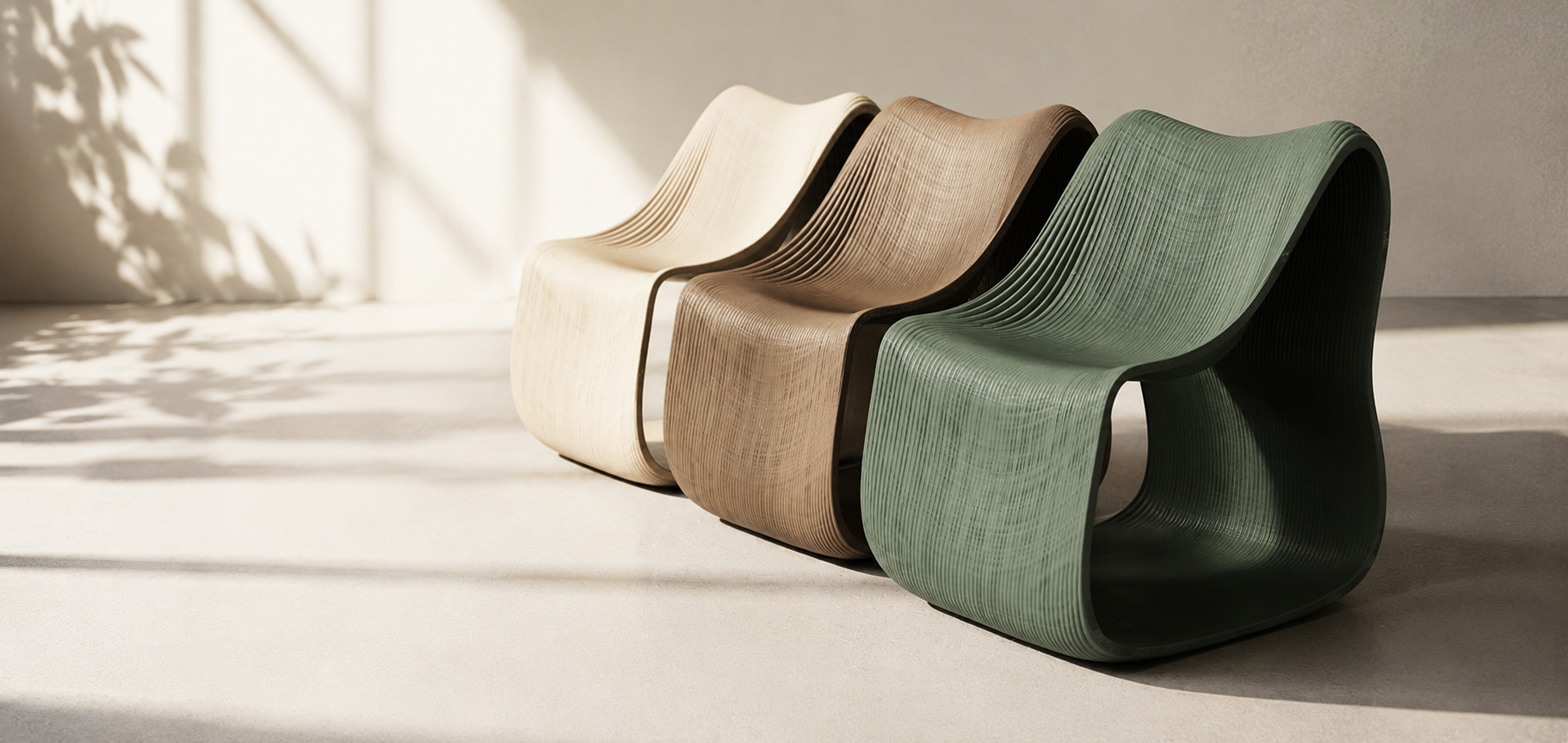 Three sculptural 3D printed chairs in cream, tan and sage green