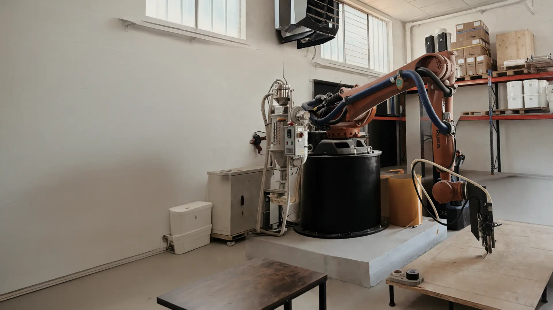 Large format robotic 3D printing cell with KUKA arm and pellet extruder